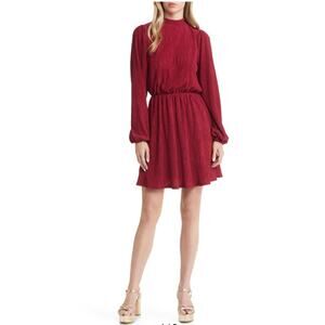 Floret Studios Plisse Pleated Long Sleeve Dress In Burgundy Red Size Medium